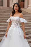 Ruffled Off the Shoulder Ivory Sweep Train Wedding Dress with Lace