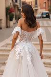 Ruffled Off the Shoulder Ivory Sweep Train Wedding Dress with Lace