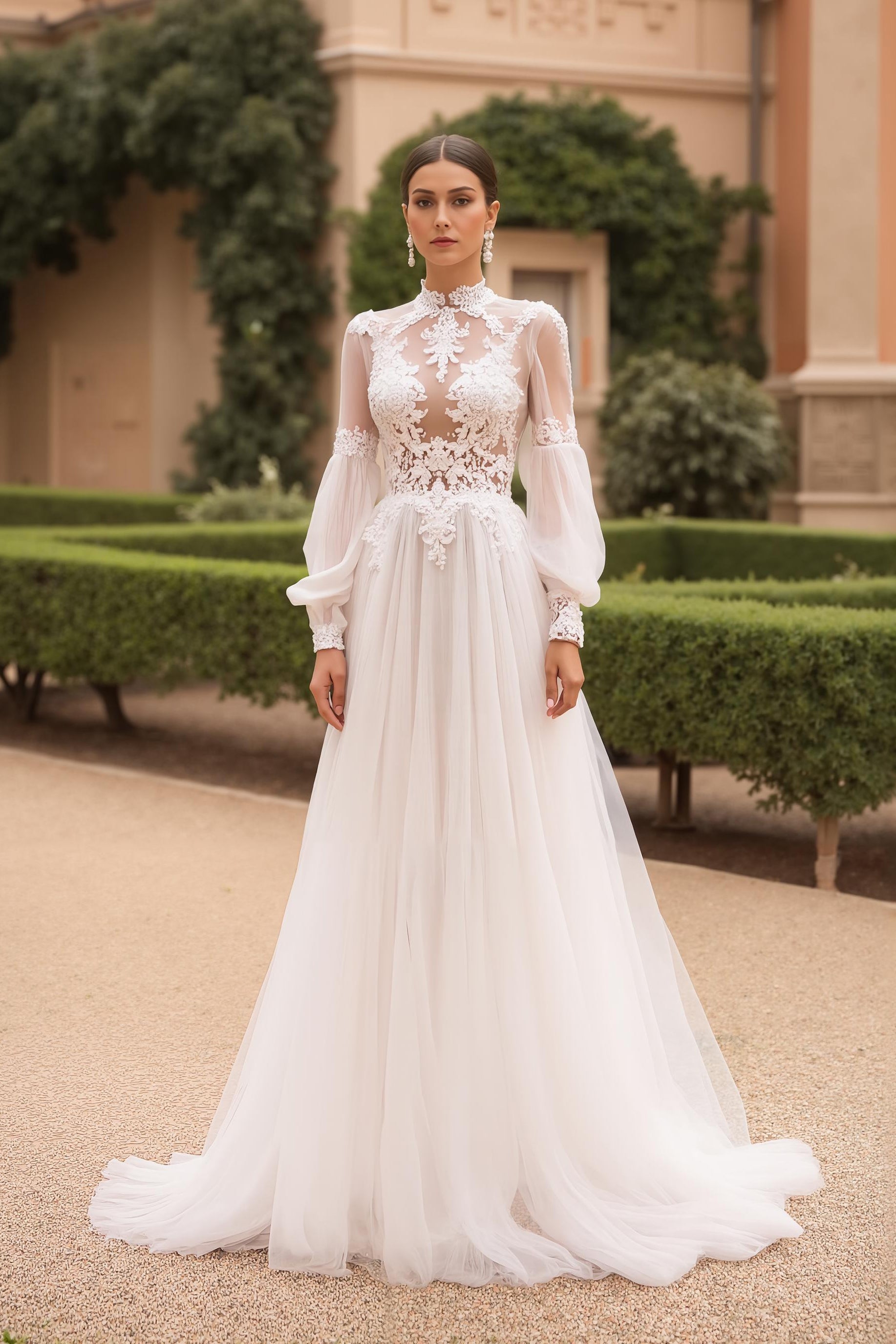 High Neck Long Sleeves Ivory Sweep Train Vintage Wedding Dress with Lace