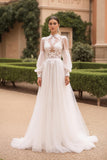 High Neck Long Sleeves Ivory Sweep Train Vintage Wedding Dress with Lace
