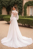 High Neck Long Sleeves Ivory Sweep Train Vintage Wedding Dress with Lace