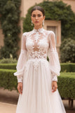 High Neck Long Sleeves Ivory Sweep Train Vintage Wedding Dress with Lace