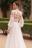 High Neck Long Sleeves Ivory Sweep Train Vintage Wedding Dress with Lace
