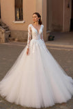 V-Neck Backless Ivory Long Sleeves Wedding Dress with Lace