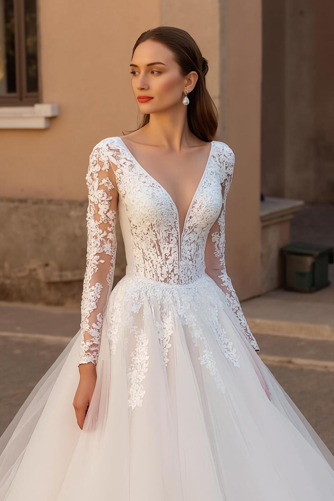 V-Neck Backless Ivory Long Sleeves Wedding Dress with Lace