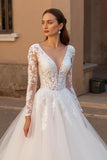 V-Neck Backless Ivory Long Sleeves Wedding Dress with Lace