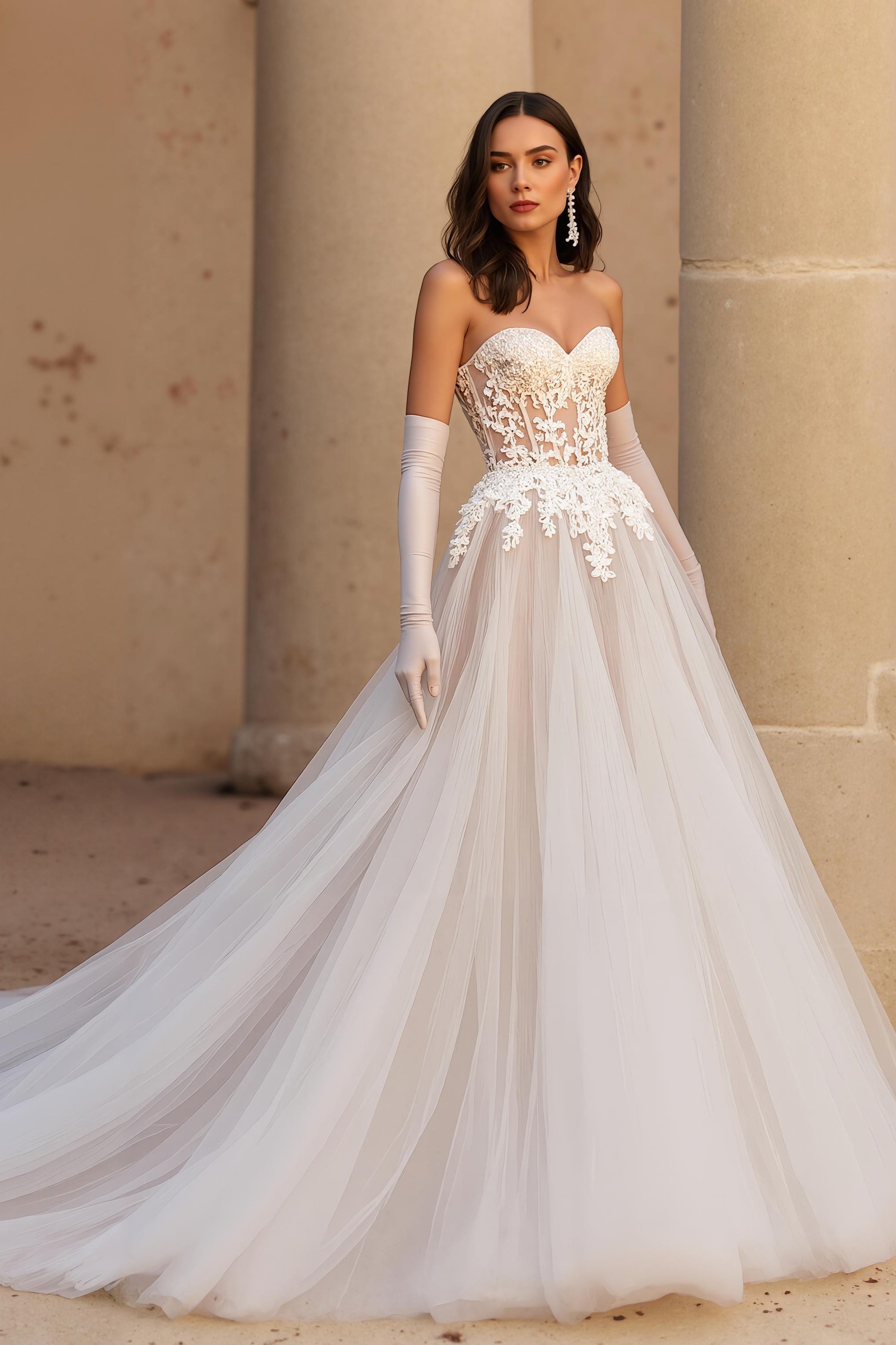 Sweetheart Ivory A Line Sweep Train Wedding Dress with Lace