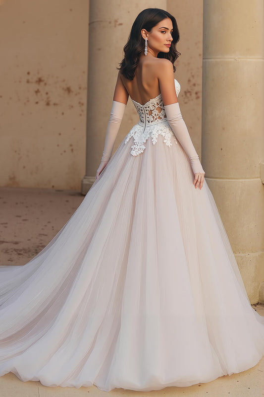 Sweetheart Ivory A Line Sweep Train Wedding Dress with Lace