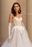 Sweetheart Ivory A Line Sweep Train Wedding Dress with Lace