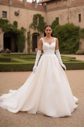 A Line Thick Straps Ivory Sweep Train Wedding Dress with Lace