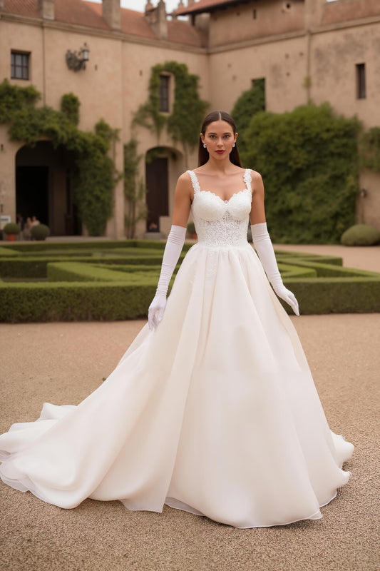A Line Thick Straps Ivory Sweep Train Wedding Dress with Lace