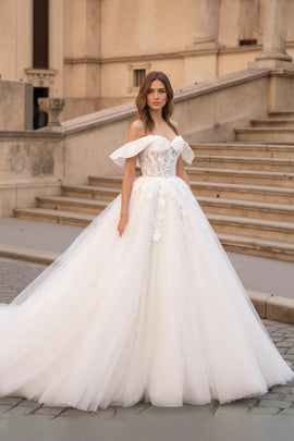 Ruched Ivory Ruffled A Line Sweep Train Wedding Dress with Lace