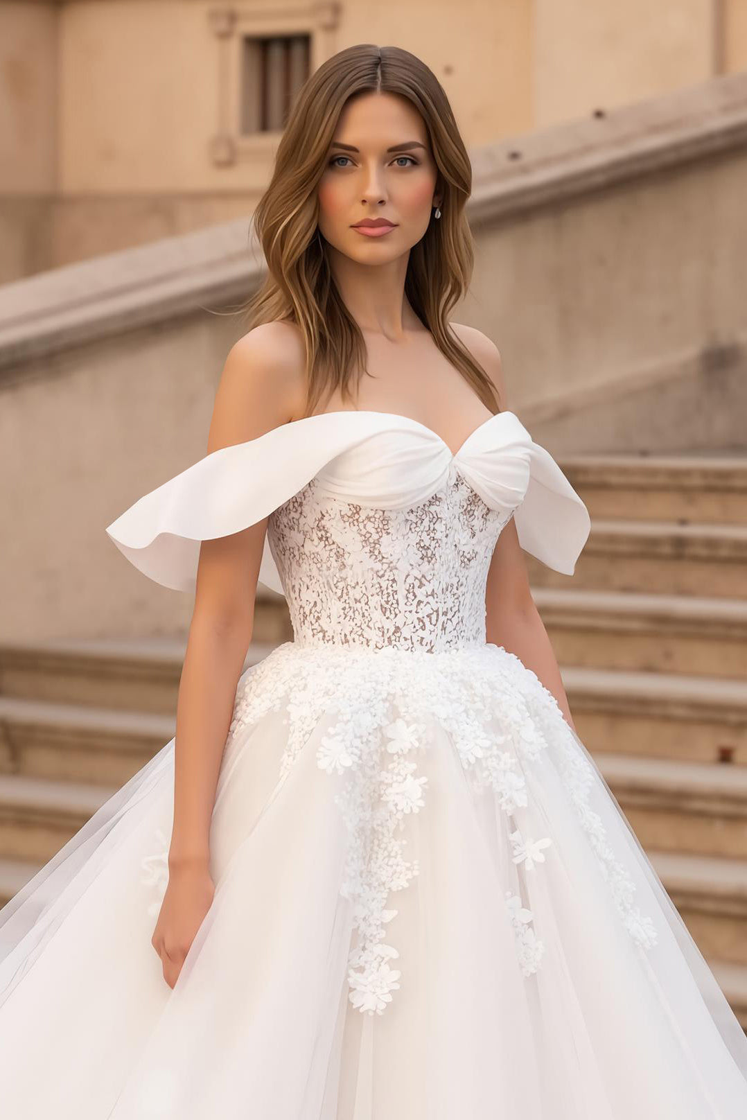 Ruched Ivory Ruffled A Line Sweep Train Wedding Dress with Lace
