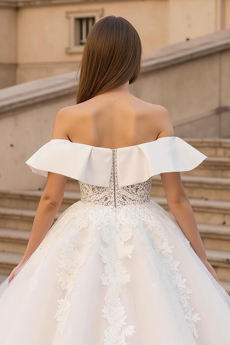 Ruched Ivory Ruffled A Line Sweep Train Wedding Dress with Lace