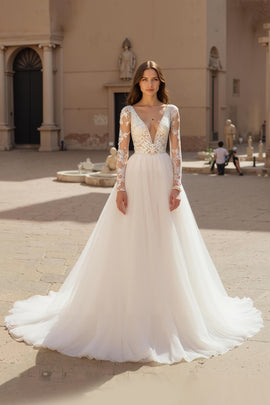 Deep V-Neck Chiffon Ivory Long Sleeves Wedding Dress with Lace