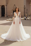 Deep V-Neck Chiffon Ivory Long Sleeves Wedding Dress with Lace
