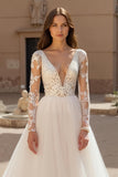Deep V-Neck Chiffon Ivory Long Sleeves Wedding Dress with Lace