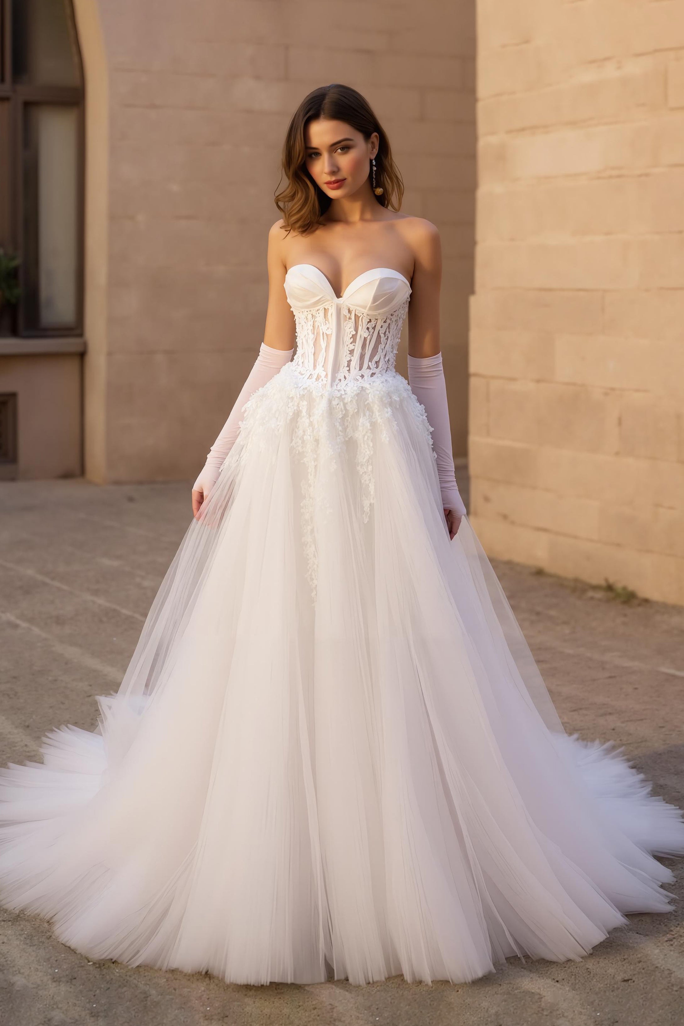 Sweetheart Corset Ivory Sweep Train Wedding Dress with Lace
