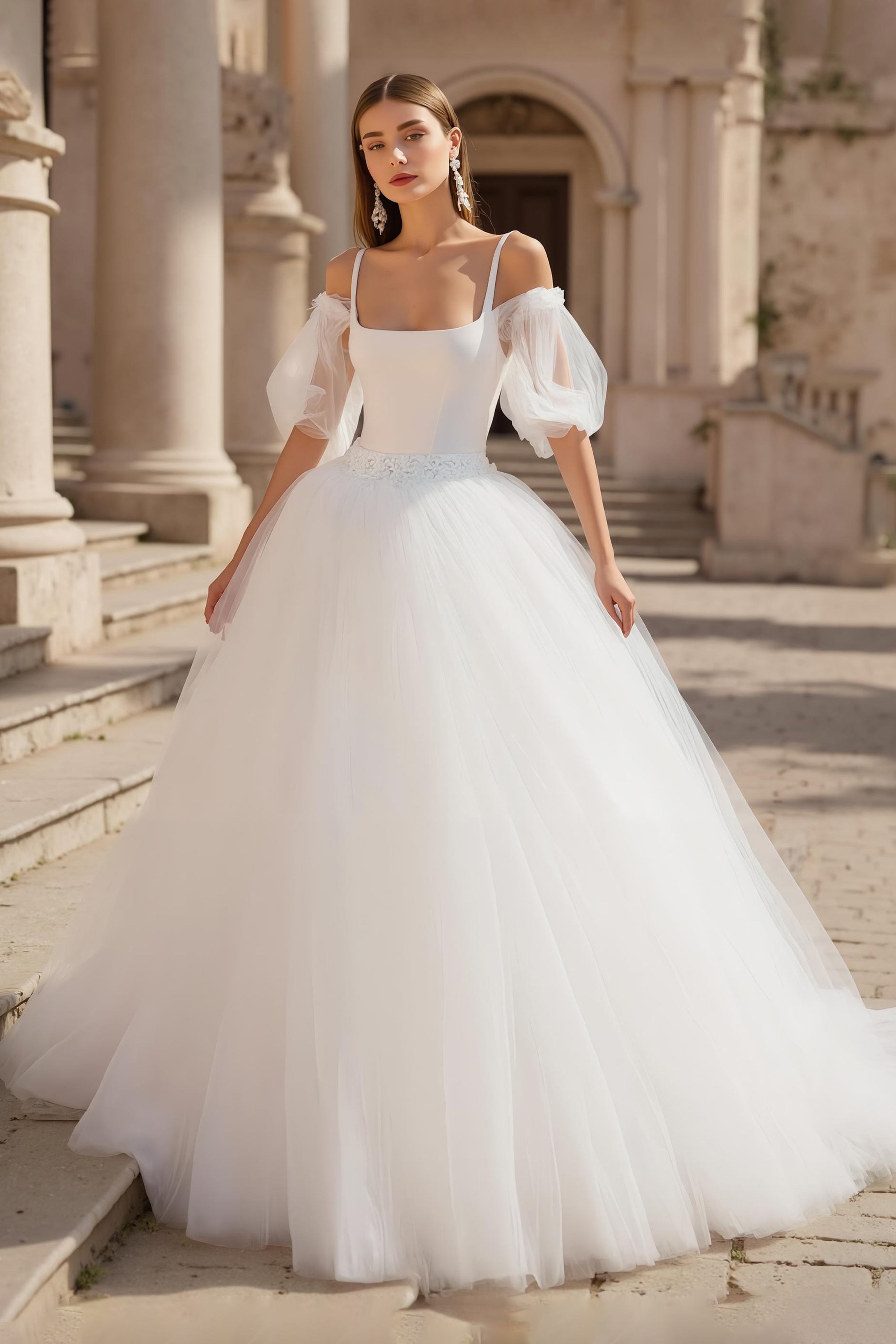 Ivory Cold Shoulder Puff Sleeves Sweep Train Wedding Dress with Lace