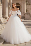 Ivory Cold Shoulder Puff Sleeves Sweep Train Wedding Dress with Lace
