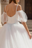 Ivory Cold Shoulder Puff Sleeves Sweep Train Wedding Dress with Lace