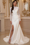 Long Sleeves Ivory High Neck Sweep Train Vintage Wedding Dress with Slit