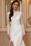 Long Sleeves Ivory High Neck Sweep Train Vintage Wedding Dress with Slit