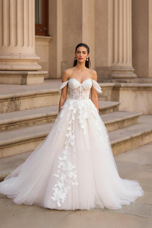 Tulle Off the Shoulder Ivory Sweep Train Wedding Dress with Lace