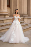 Tulle Off the Shoulder Ivory Sweep Train Wedding Dress with Lace