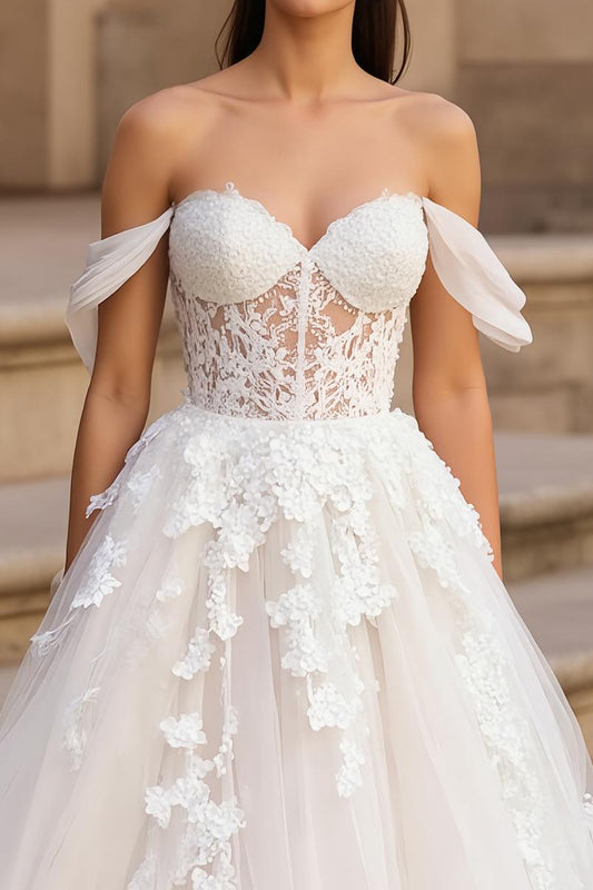 Tulle Off the Shoulder Ivory Sweep Train Wedding Dress with Lace
