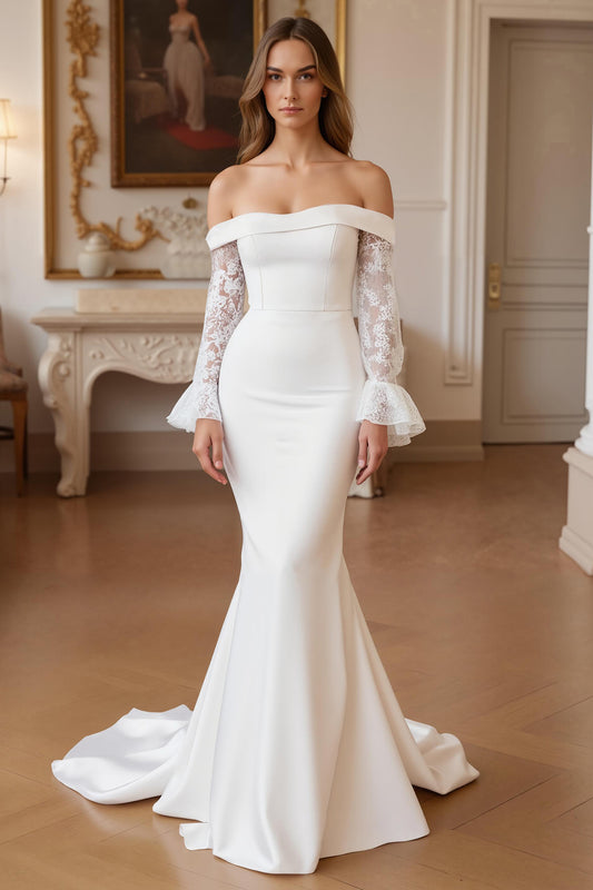 Ruffled Ivory Mermaid Sweep Train Wedding Dress with Lace