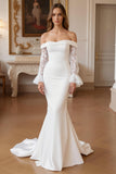 Ruffled Ivory Mermaid Sweep Train Wedding Dress with Lace