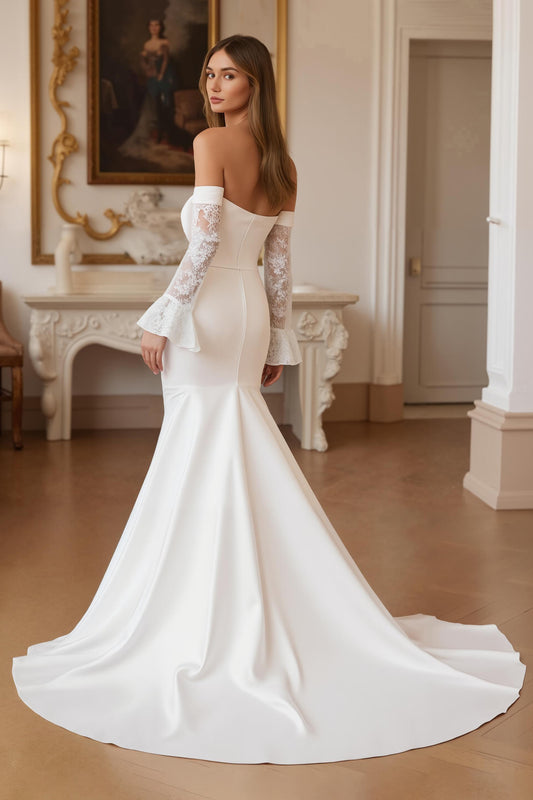 Ruffled Ivory Mermaid Sweep Train Wedding Dress with Lace