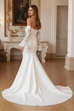 Ruffled Ivory Mermaid Sweep Train Wedding Dress with Lace