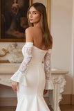 Ruffled Ivory Mermaid Sweep Train Wedding Dress with Lace