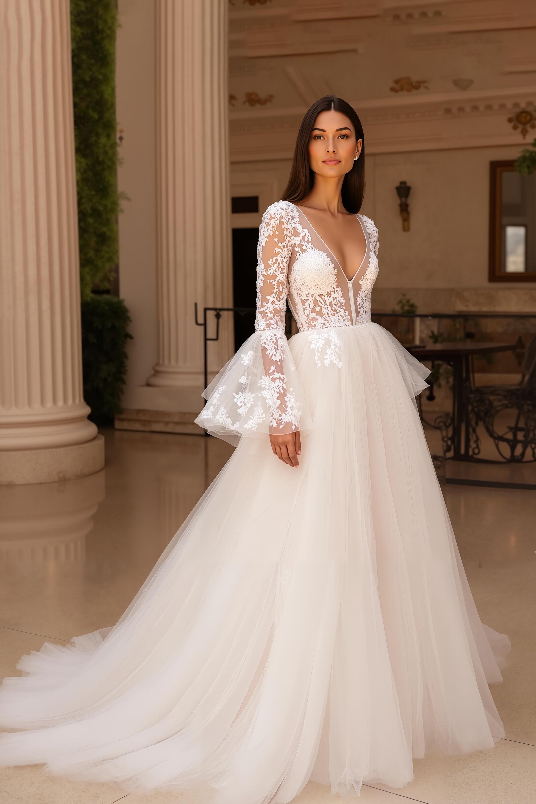 Ruffled Long Sleeves Ivory Sweep Train Wedding Dress with Slit