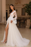 Ruffled Long Sleeves Ivory Sweep Train Wedding Dress with Slit