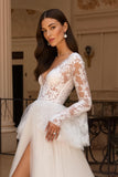 Ruffled Long Sleeves Ivory Sweep Train Wedding Dress with Slit