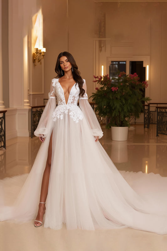 Ivory Backless Deep V-Neck Long Sleeves Wedding Dress with Lace