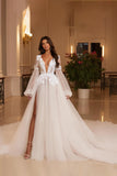 Ivory Backless Deep V-Neck Long Sleeves Wedding Dress with Lace