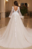 Ivory Backless Deep V-Neck Long Sleeves Wedding Dress with Lace