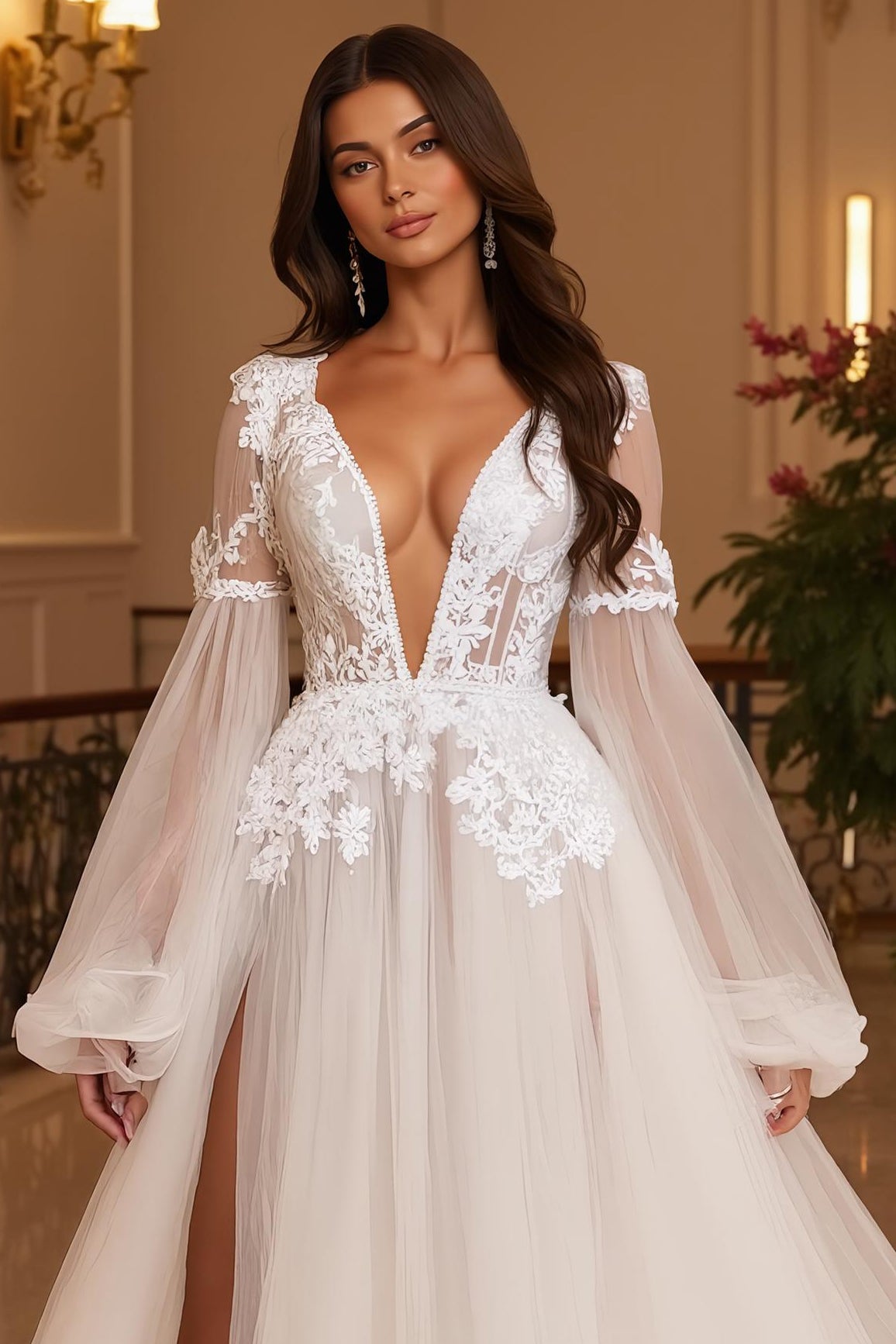 Ivory Backless Deep V-Neck Long Sleeves Wedding Dress with Lace