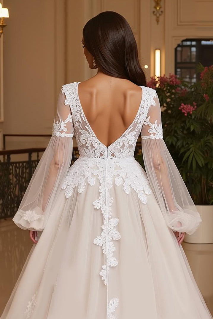Ivory Backless Deep V-Neck Long Sleeves Wedding Dress with Lace