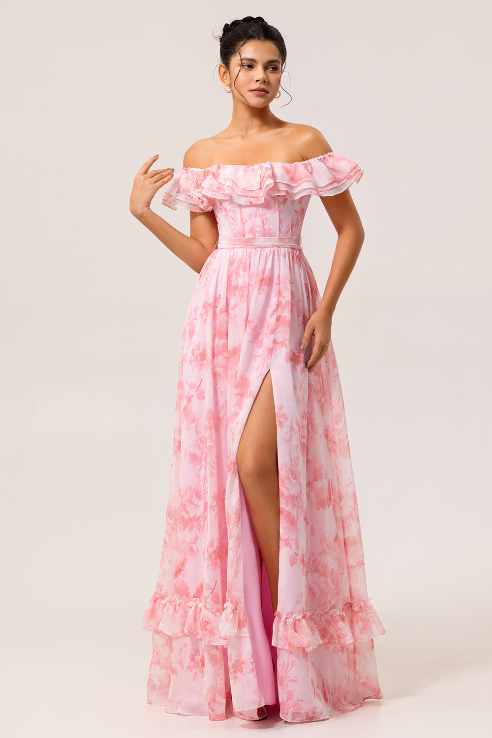 Pink Floral Ruffled Off the Shoulder Long Bridesmaid Dress with Slit