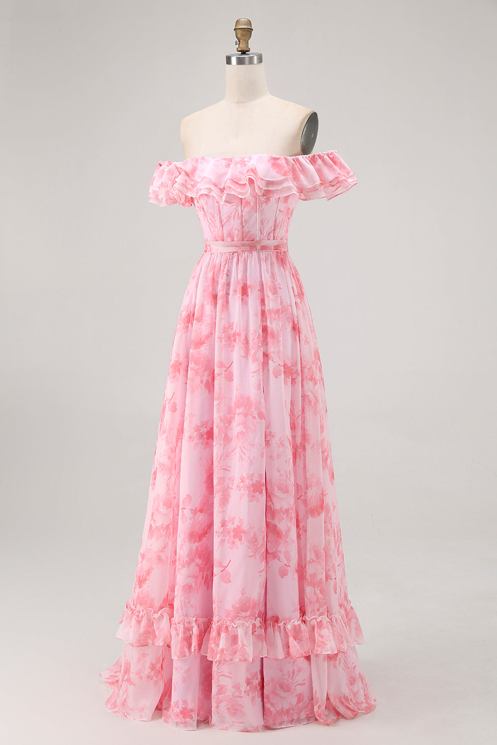 Pink Floral Off the Shoulder Chiffon A-Line Long Wedding Guest Dress with Ruffles