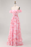 Pink Floral Off the Shoulder Chiffon A-Line Long Wedding Guest Dress with Ruffles