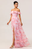 Pink Floral Ruffled Off the Shoulder Long Bridesmaid Dress with Slit