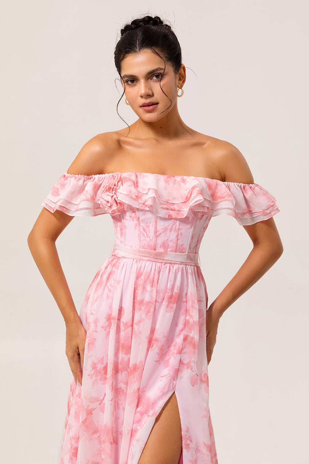 Pink Floral Ruffled Off the Shoulder Long Bridesmaid Dress with Slit