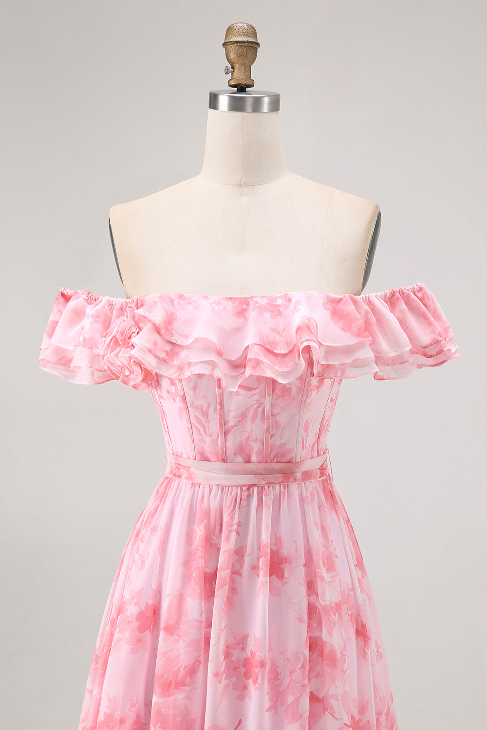Pink Floral Off the Shoulder Chiffon A-Line Long Wedding Guest Dress with Ruffles