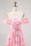 Pink Floral Off the Shoulder Chiffon A-Line Long Wedding Guest Dress with Ruffles